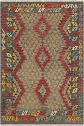 Flat Weave Kilim Antique Navaho Vintage handmade Geometric Kilim Red Green Hand-Woven Rectangle 100% Wool Area Rug 4x5